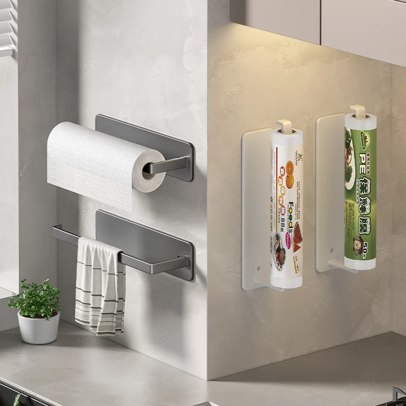 Wall Mounted Self-adhesive Bathroom Paper Towel Rack, Punch-free Roll Paper Holder For Kitchen Freshness Film Storage Rack