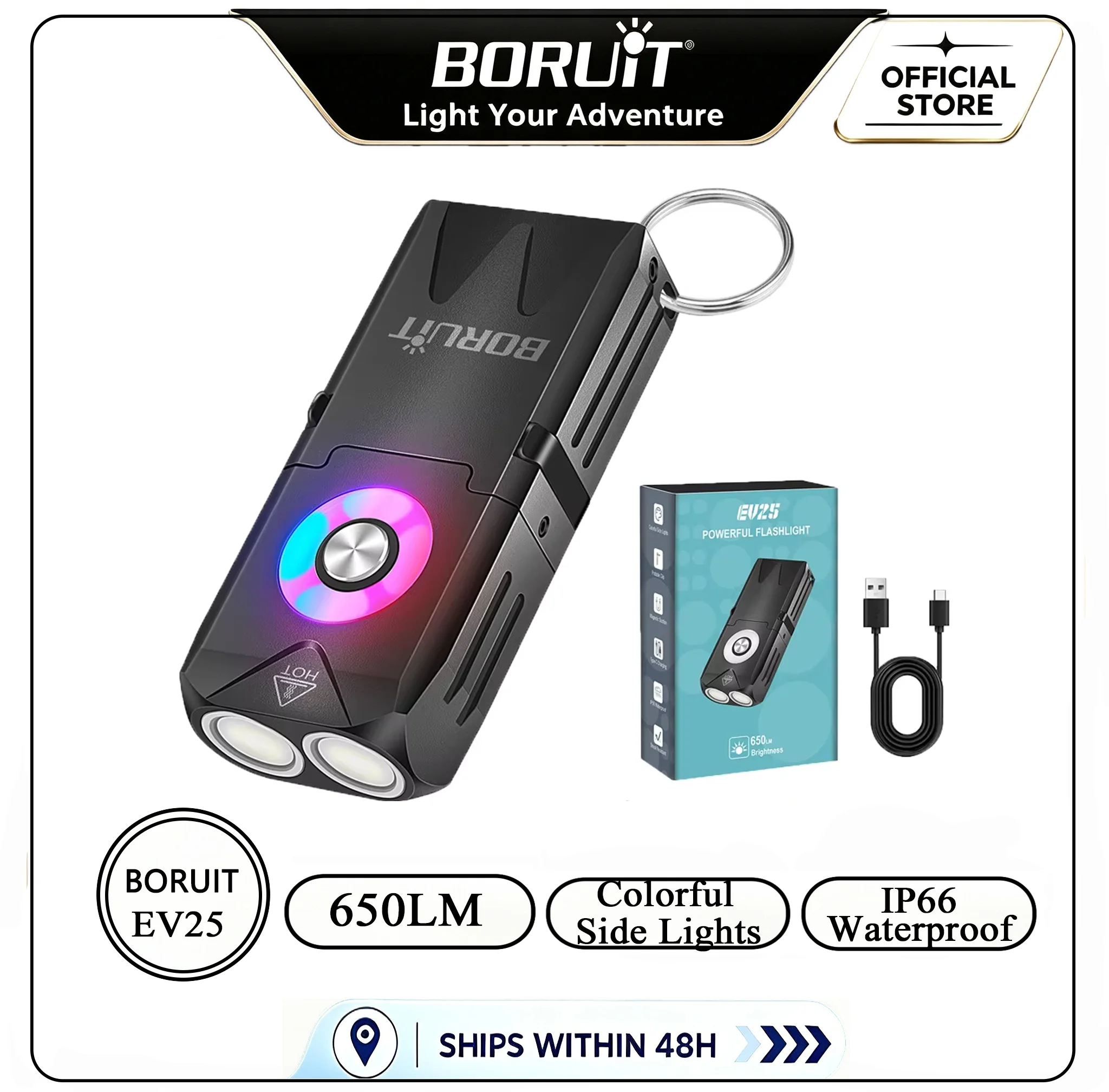 BORUiT EV25 EDC Keychain Flashlight 650LM RGB Light Type-C Rechargeable Mini Torch Magnetic Work Light Camping Pocket Lantern