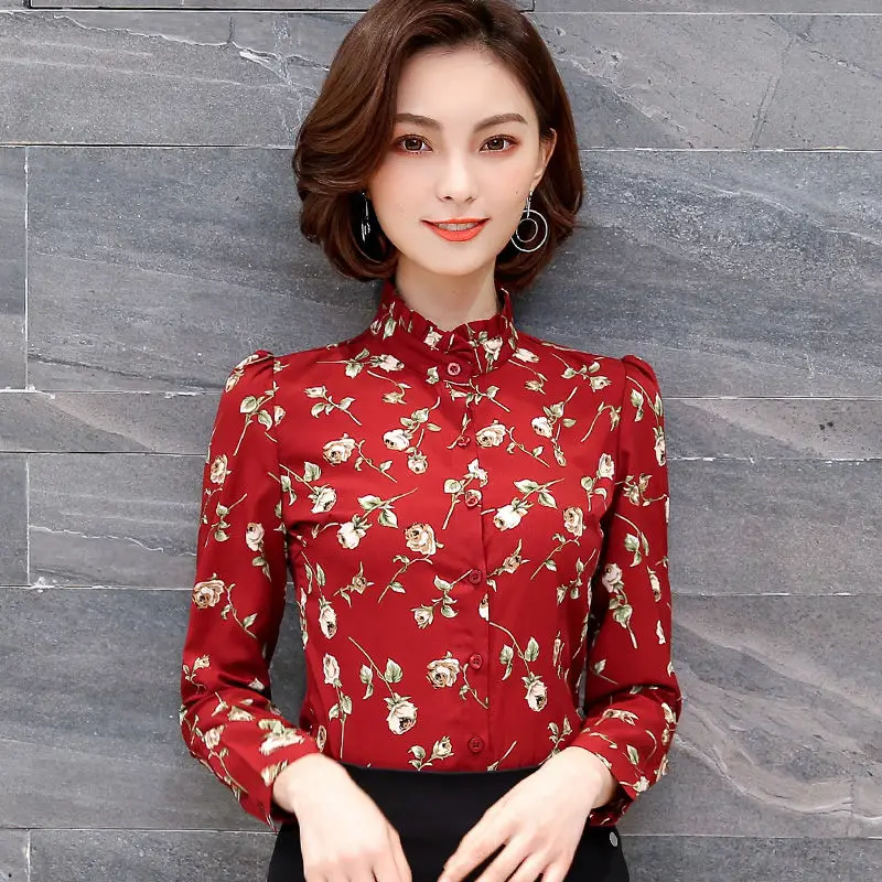 Vintage Printed Stand Collar Ruffled Floral Shirts Women\'s Clothing 2023 Autumn Winter New Loose Casual Tops Office Lady Blouses