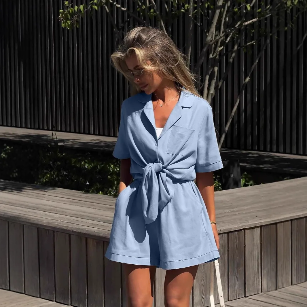 

2025 New Fashion Button-down Shirt + Shorts Two-piece Sets Women Summer Casual Loose Solid Color Lapel Top Shorts Suit For Women