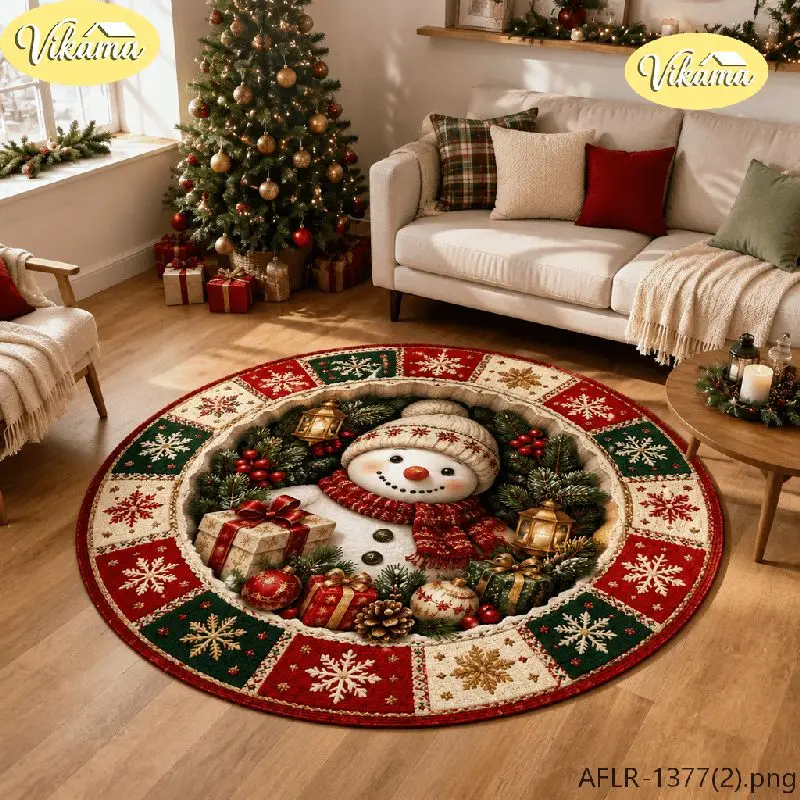 VIKAMA Christmas Round Rug Snowman Holding Gift Box Scarf Area Rug Living Room Holiday Home Decor Aesthetic Art Large Premium
