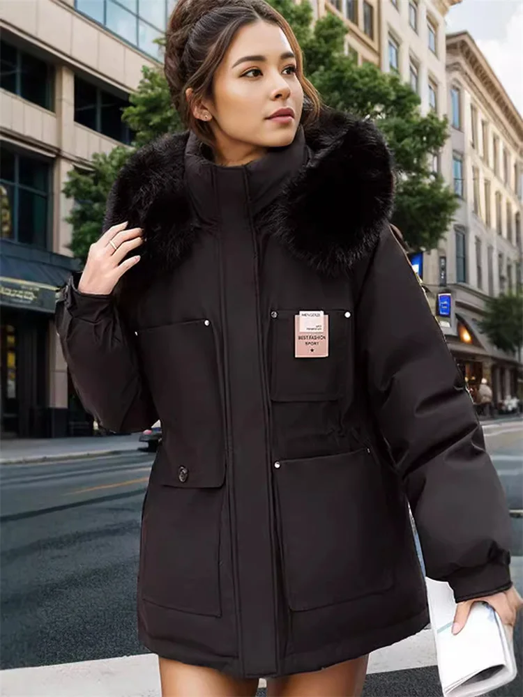 

Woman Parka Winter Jacket 2024 New Temperament Cinched Waist Hooded Large Fur Collar Snow Wear Woman Padded Coat