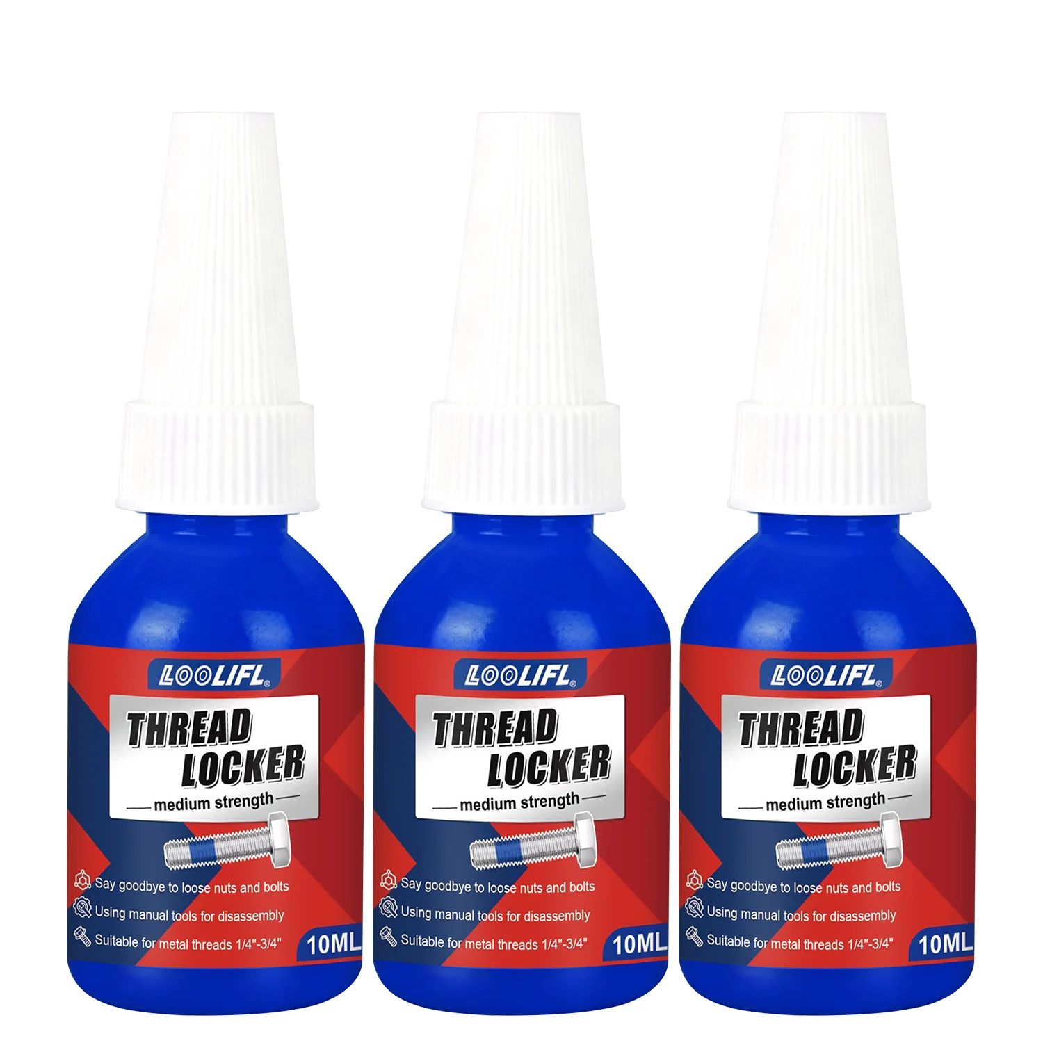 LOOLIFL Schraubensicherungskleber Blau Rot Mittelstark Hochfester Anti-Lose-Gewindedichtstoff Metallbolzen-Sicherungskleber 10ml 50ml