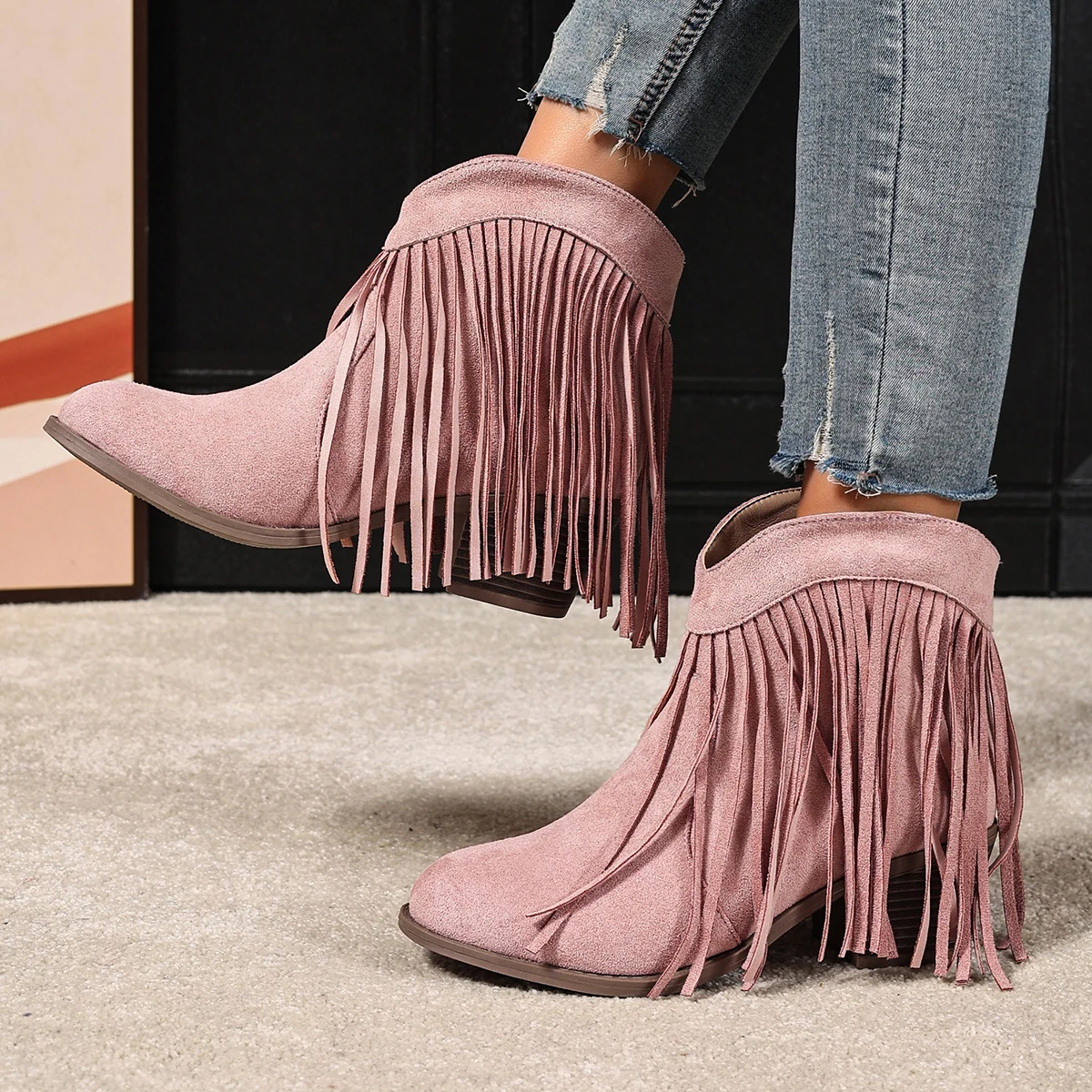 Fringe-Trimmed Pointed-Toe Chunky Heel Elevated Elegant Fashionable Evening Party Resort Women's Nude Boots view 6