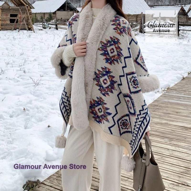 

Korean national wind shawl cloak women's autumn and winter new fashion thick burrs with the ball to keep warm and versatile.