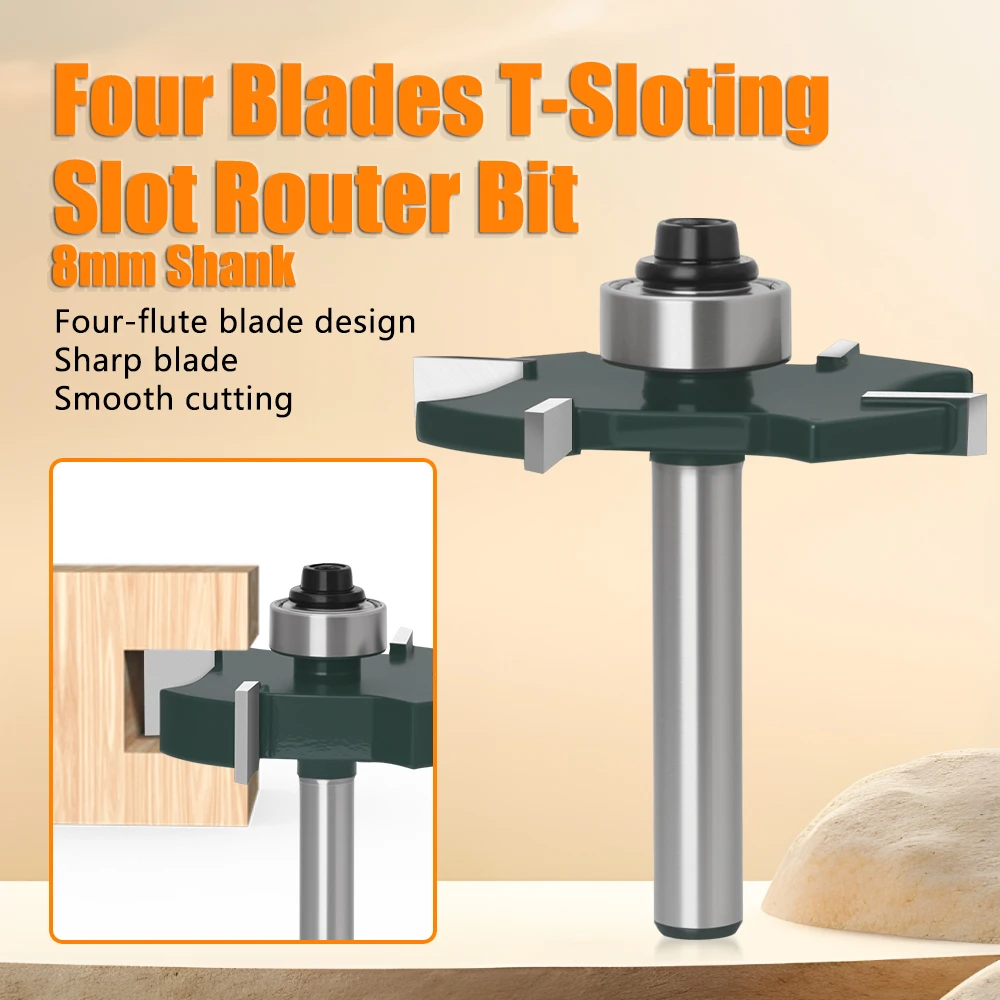 8mm Shank T Slot Router Bit, 4 Flute T-Type Wood Milling Cutter with Ball Bearing,Woodworking Tool For Grooving