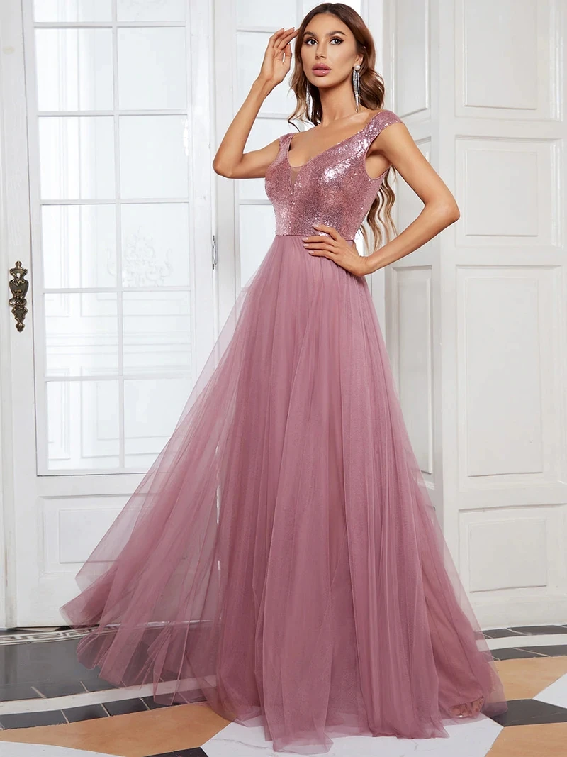 Elegant Evening Dresses A-LINE Sleeveless V-neck Long Sequins 2024 ever pretty of Simple Prom Dress Women