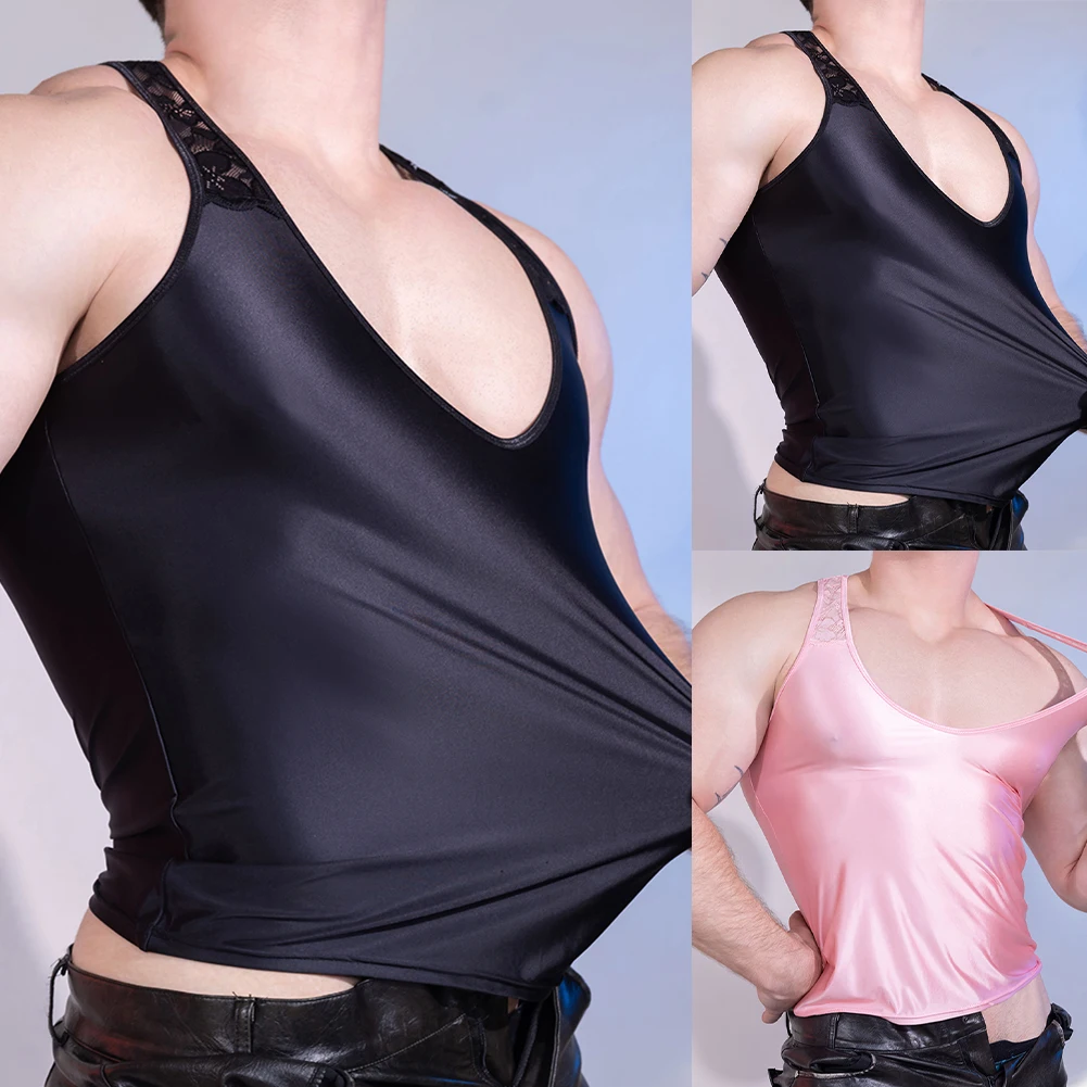Mens Oil Shiny Glossy Tank Tops See Through T-Shirts Bodysuit Sleeveless Slim Vest Fitness Gym Party Clubwear