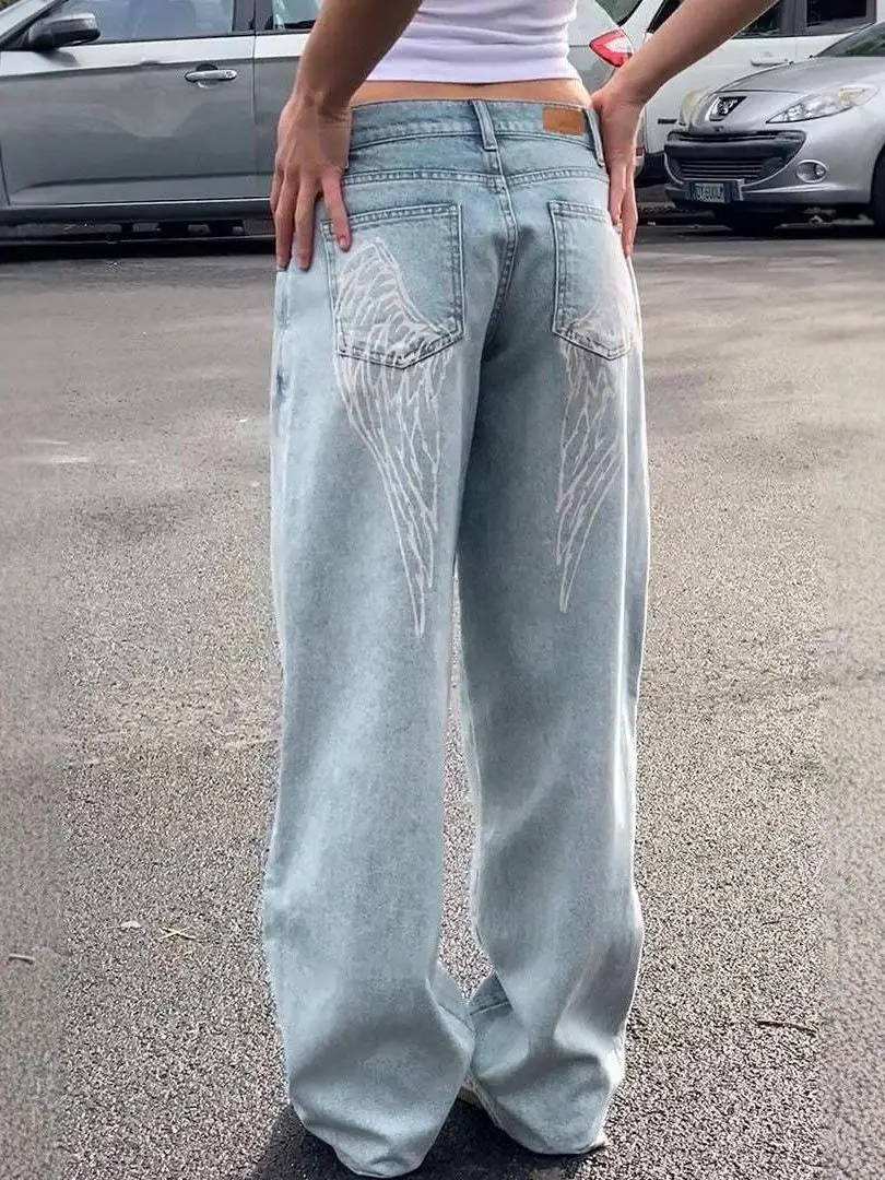Washed Angel Wing Print Loose Straight Leg Jeans Women's Y2K Vintage Cotton Denim Pants Floor-Length Casual Trousers