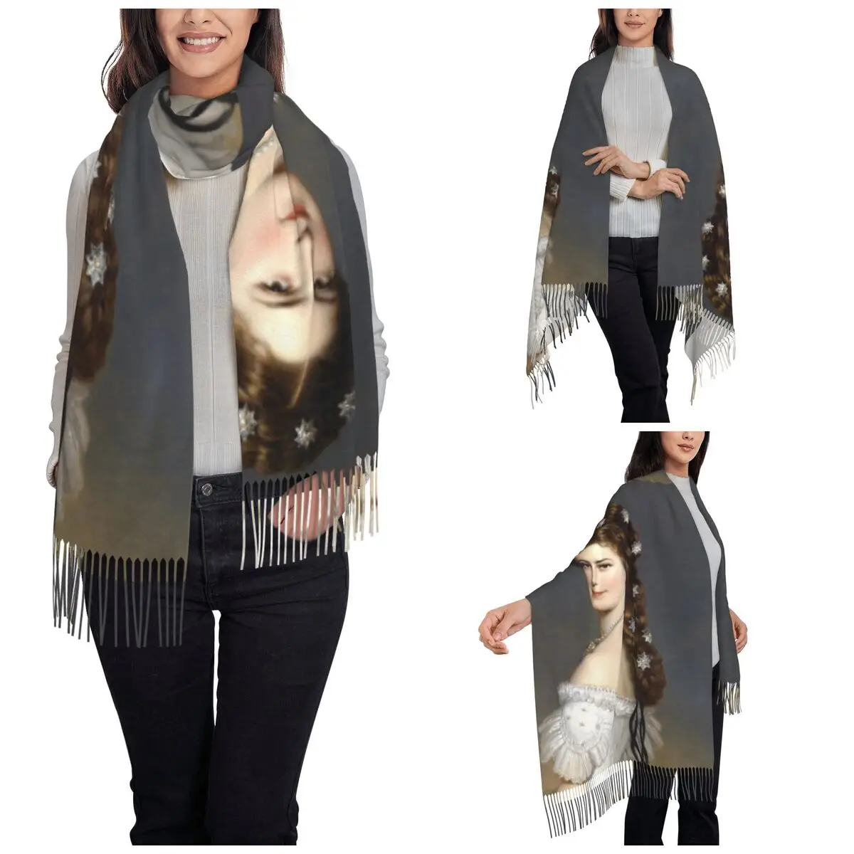 Women's Scarf with Tassel Portrait Of Empress Elisabeth Of Austria Long Winter Warm Shawl Wrap Daily Wear Pashmina Scarves