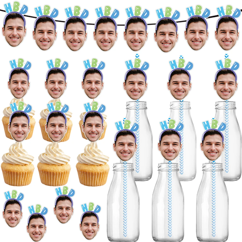 Passen Sie „Happy Birthday“-Party-Dekoration, Gesichtsfoto, Banner, Geschenkaufkleber und Kuchendekoration, Plugin-Strohhalm-Set individuell an