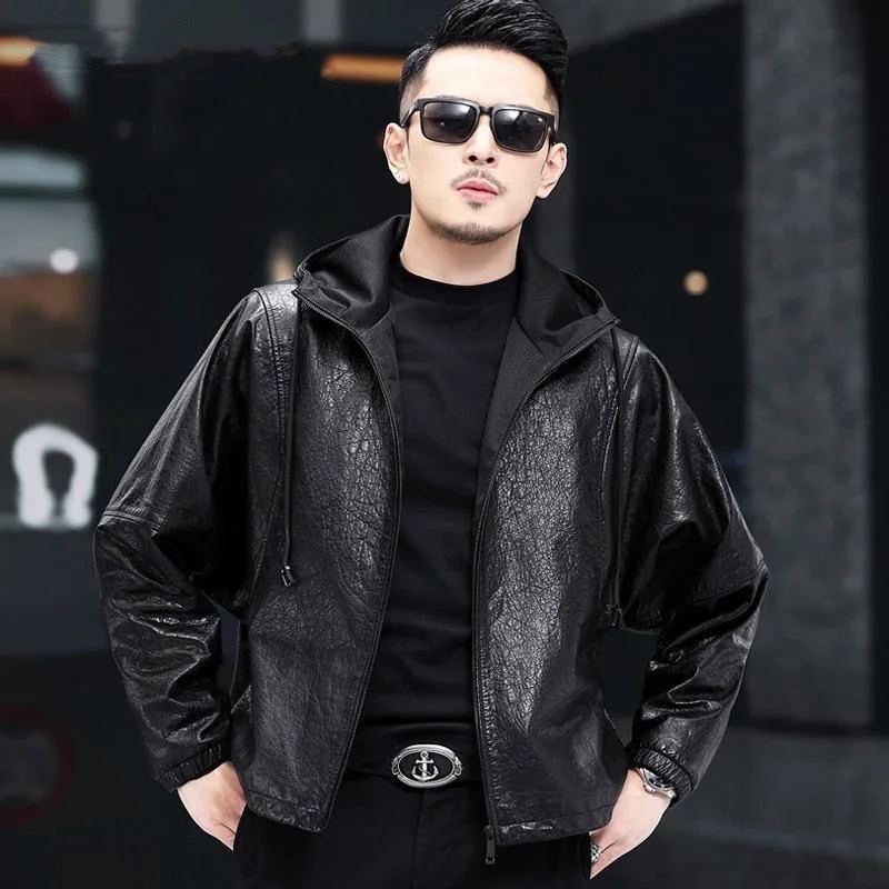 new Winter  sheep leather coat man hooded bat sleeve casual loose short motorcycle leather jacket jacket tide