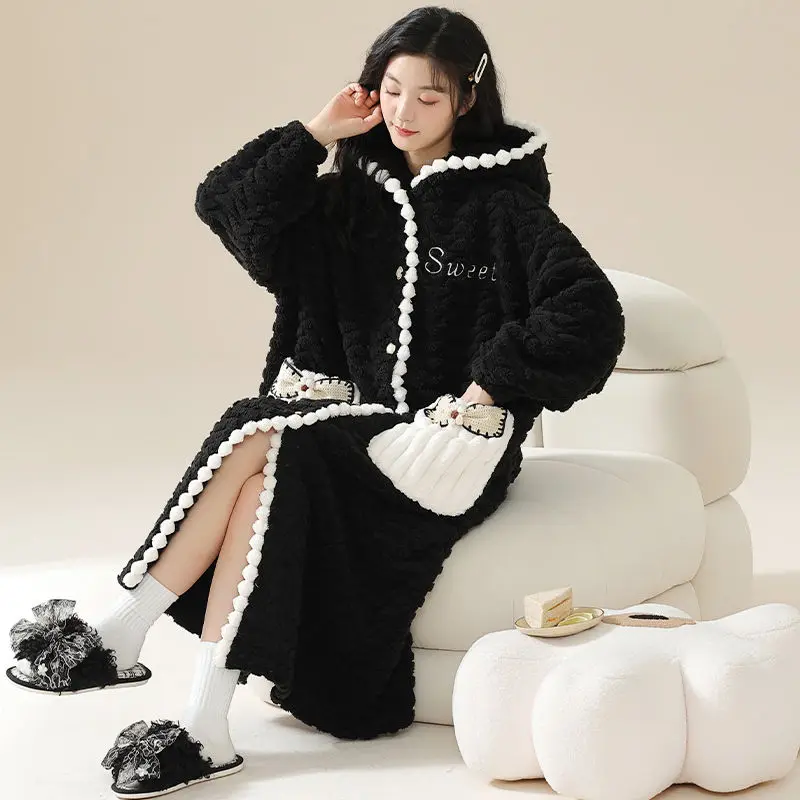 Big Size Sleepwear Flannel Robes Warm Bathrobe Women Long Sleeve Thick Loungewear Hooded Coral Fleece Cardigan Kawaii Clothes