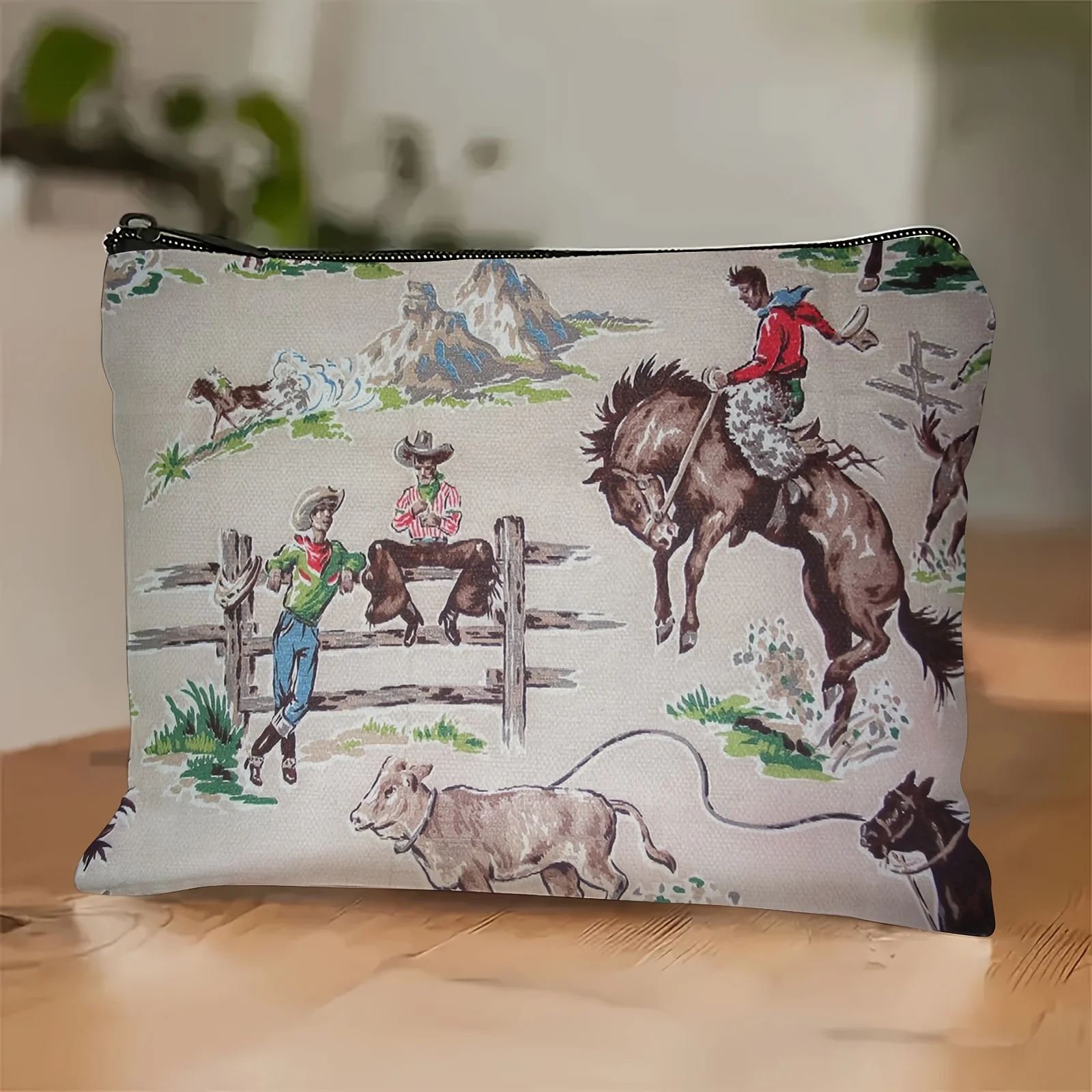 

1pc Cosmetic Bag Vintage Western Cowboy Americana Flat Bottom Zippered Accessory Bag Unisex Adult Retro Design Pouch