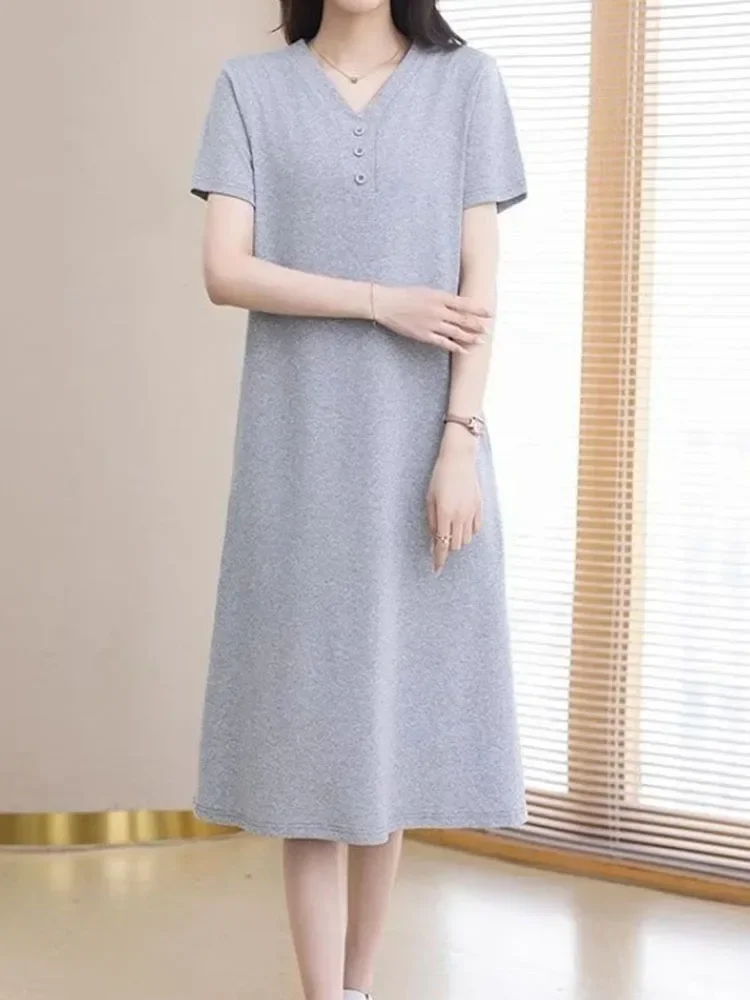 Women's Solid Color V-Neck Short Sleeve Midi Dress Casual Loose Fit Office Daily Dress