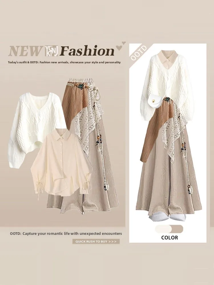 

Korean Design Loose Knitwear irt Casual Pants Four-Piece Set Women's Lazy Sle Autumn Winter Faion Ensemble High Waist L...