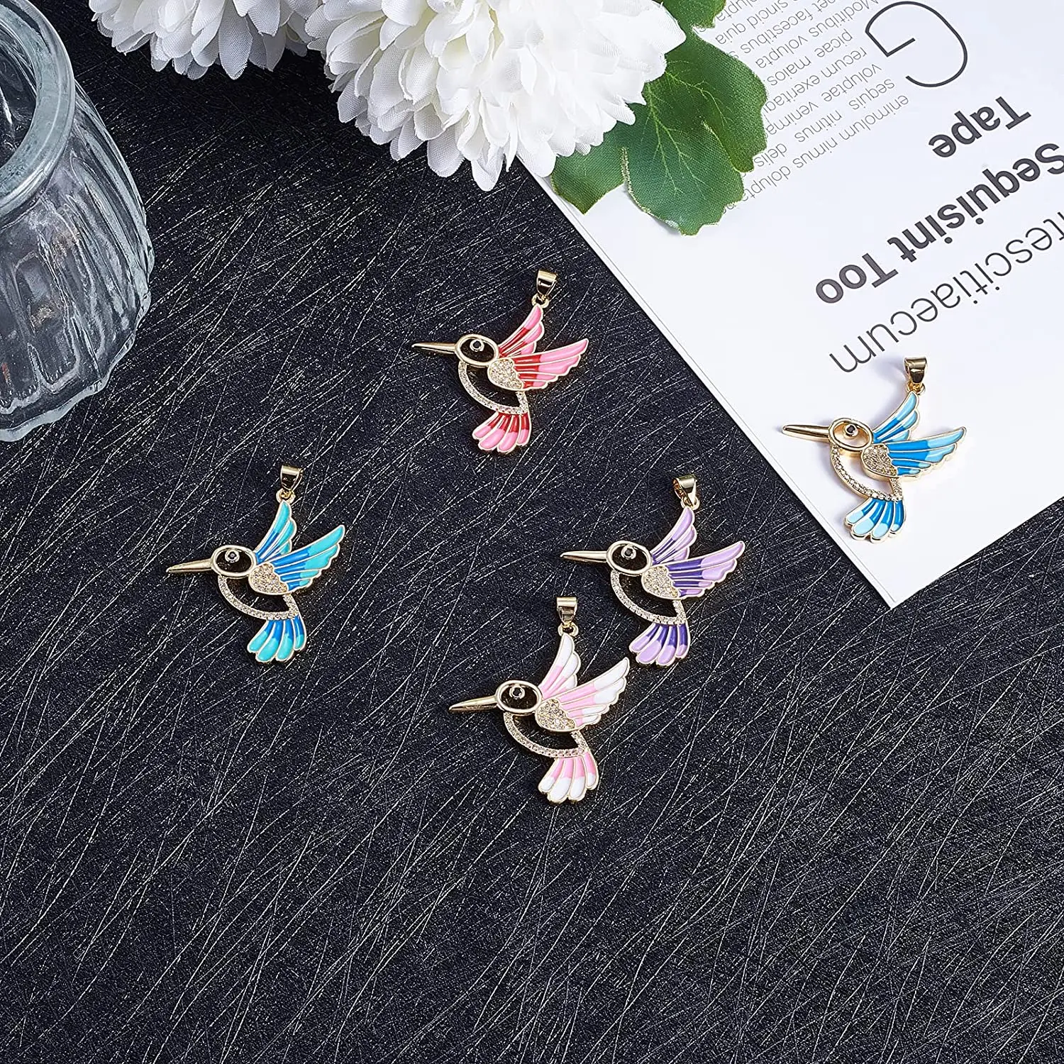 PandaHall 5 Pcs Random Colored Enamel Bird Charm Golden Cubic Zirconia Mini Animal Charms for Jewelry Making