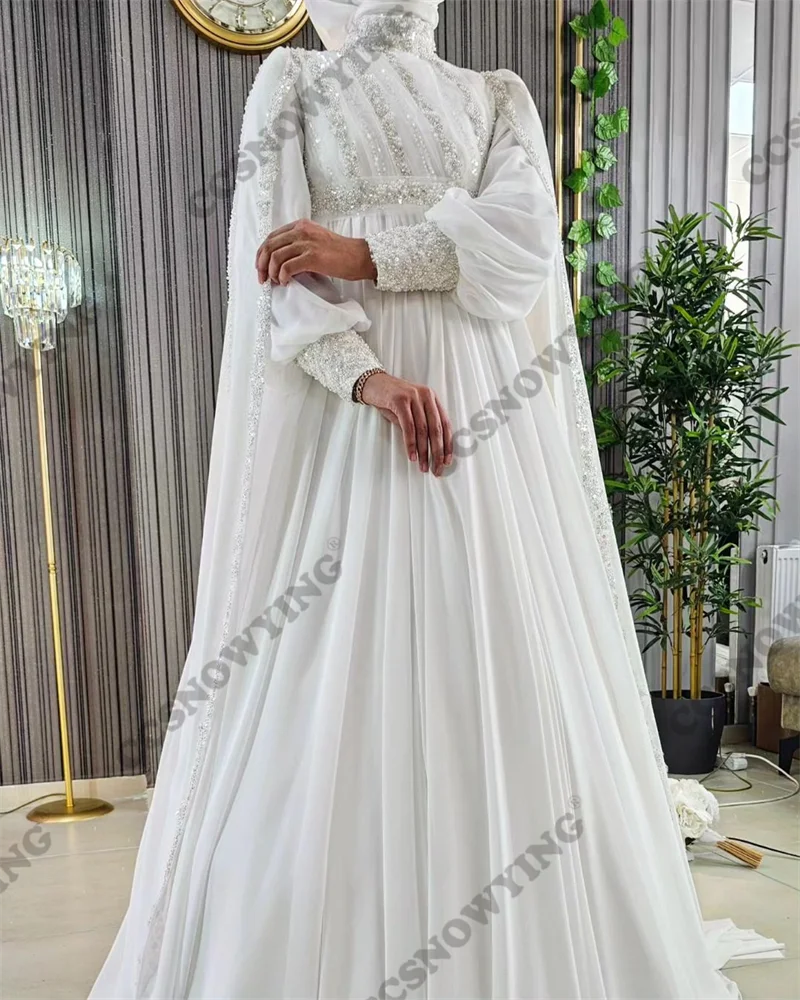 Chiffon Beaded Long Sleeve Muslim Wedding Dress for Bride Hijab Islamic Bridal Gowns with cape Women Arabic Dubai Robe De Mariée