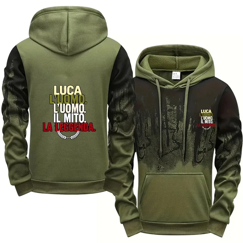 سويت شيرت رجالي بقلنسوة رمادي وأسود مطبوع من Luca L Uomo Il Mito La Leggenda عالي الجودة من القطن كاجوال ملابس الشارع الشهير