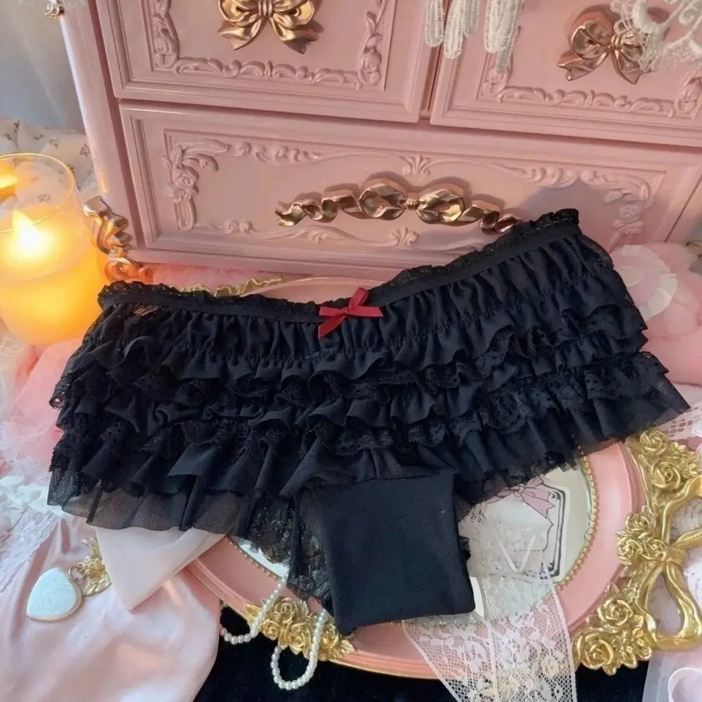 Romantic Ruffle Lace Panties Layered Cake Design Bow Mesh Women's Underwear Low Waist Sweet Lace Briefs Daily Wear
