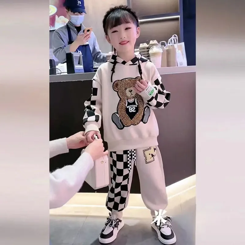 Children's clothing, boys and girls, spring and autumn, children's plush sweaters, casual sports hooded two-piece set