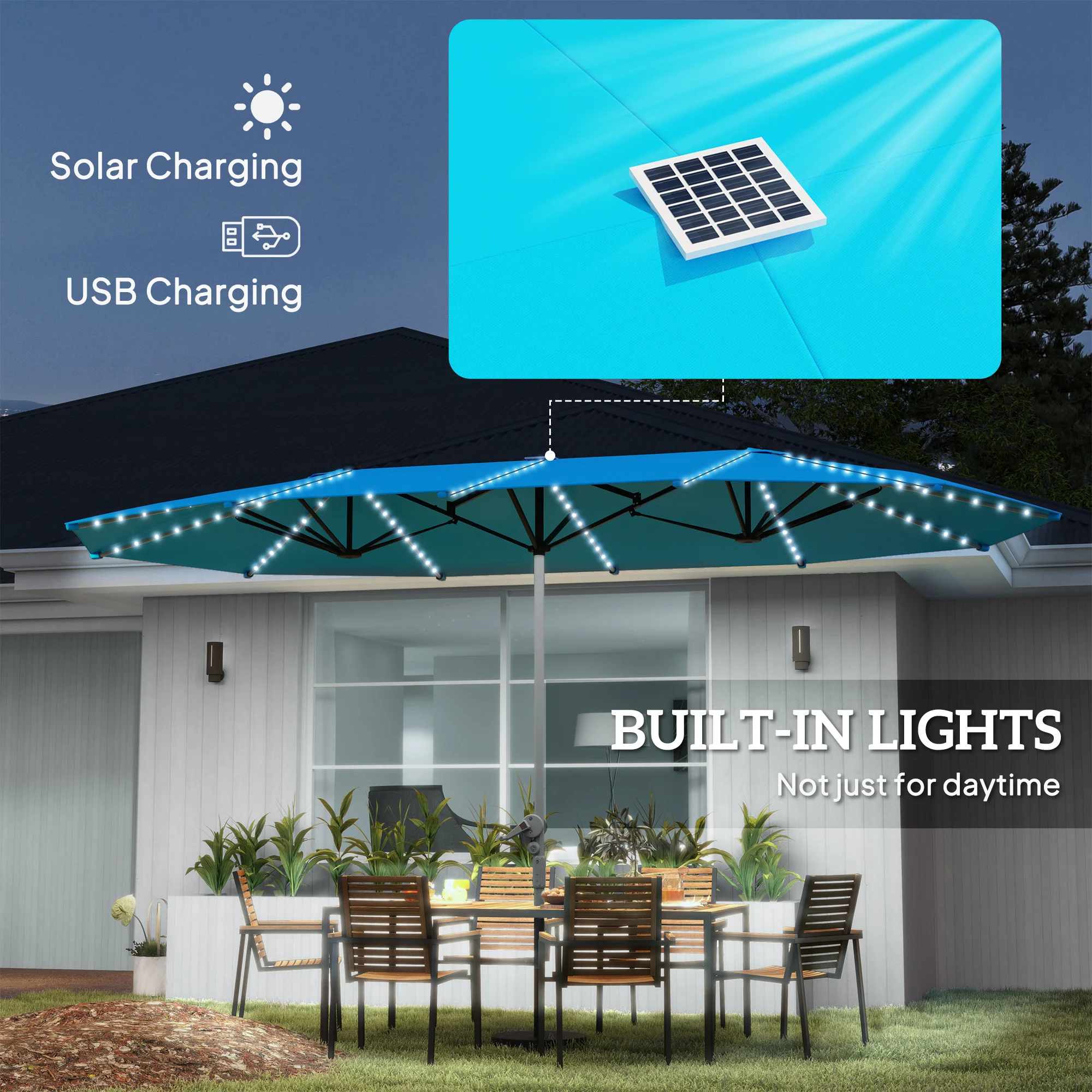 Outdoor Furniture Umbrella - 4,5 m Blauer Outdoor-Terrassenschirm mit Solarbeleuchtung,