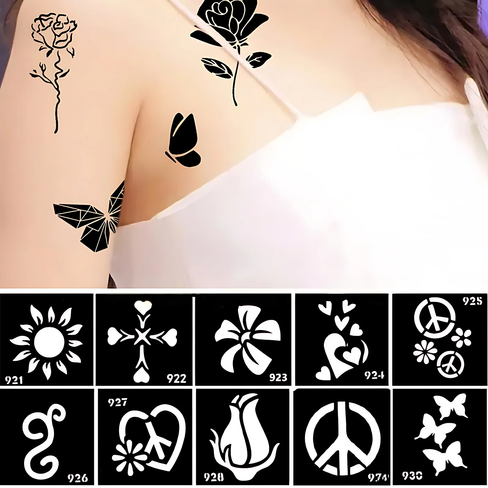 10pcs/lot Small Henna Tattoo Stencils for Girls Boys Women Men Flower Heart Skull Reusable Glitter Airbrush Template Body Face