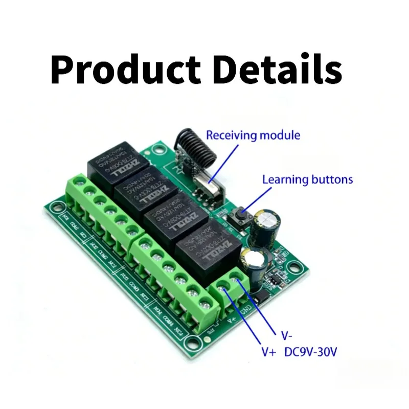 433 MHz Wireless Universal Remote Control Switch DC 12V 4CH RF Relay Receiver and Transmitter for Garage and Gate Controller DIY