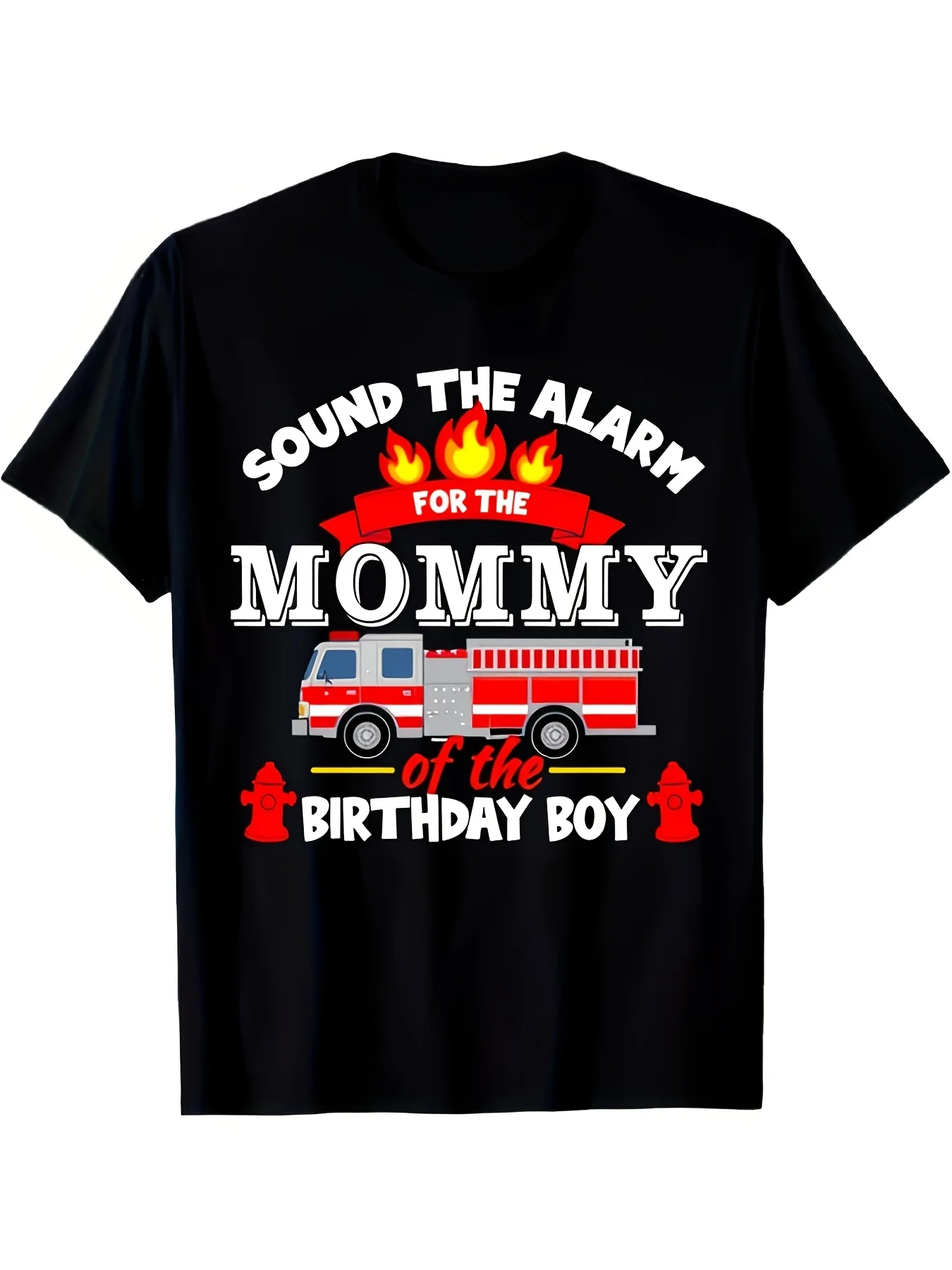 Funny Fire Truck Birthday T-Shirt for Women  Men - Sound the Alarm Mommy of the Birthday Boy Firefighter Design Retro Tee, Short Sleeve Round Neck Casual Shirt Suitable for Parties, Themed Events, Casual Attire,