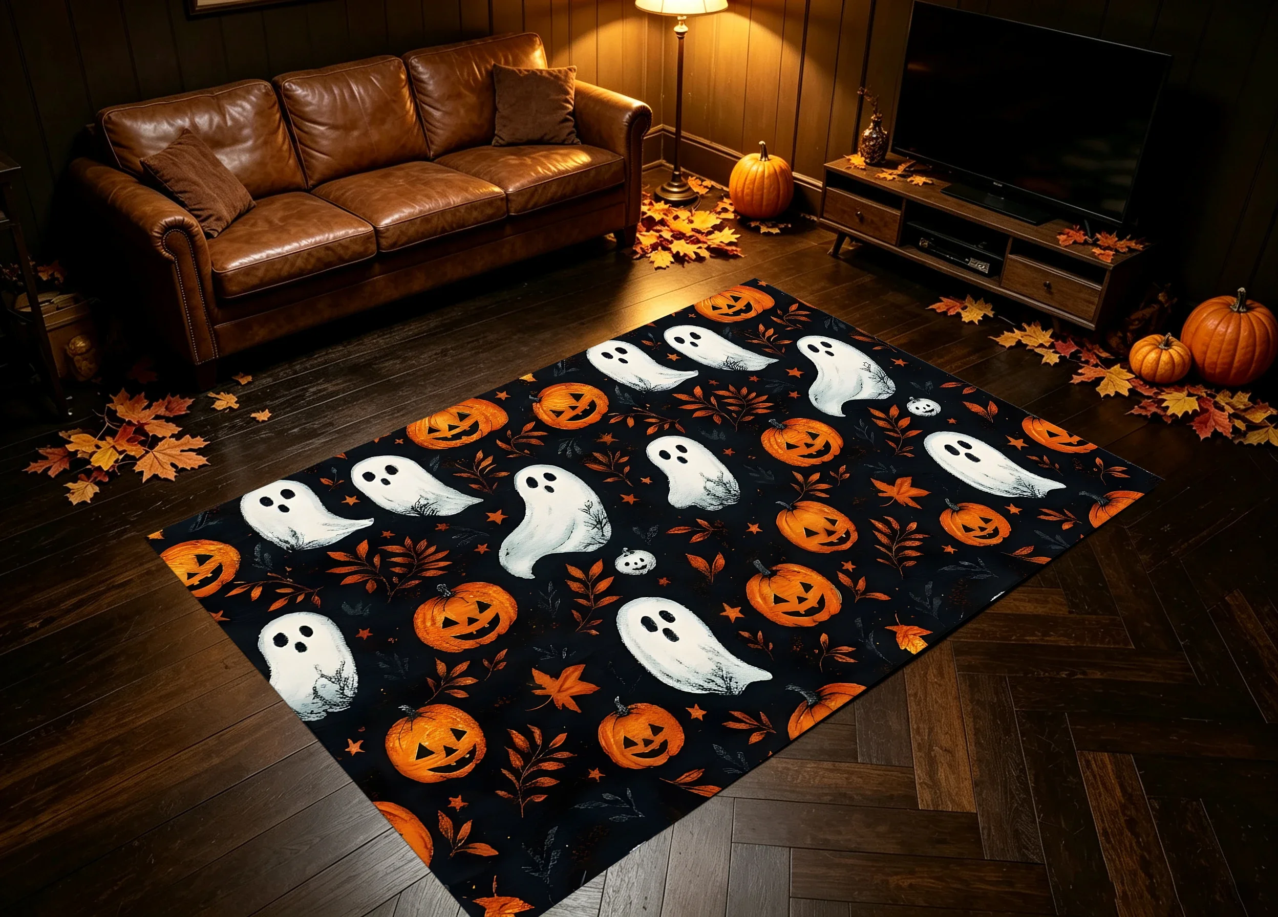 2D Velvet Rug Black & Orange Ghost Pumpkin, Halloween Theme, Soft & Plush to the Touch, Perfect for Living Room