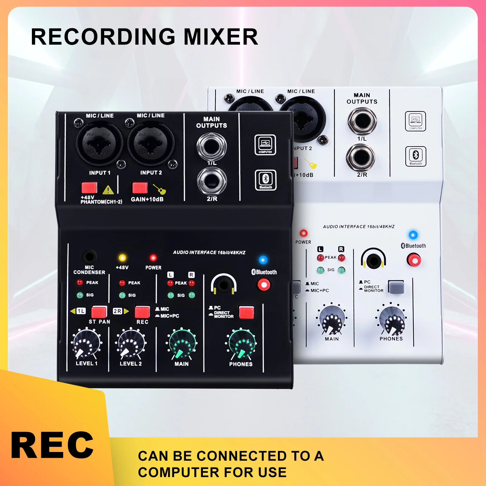 Mini Audio Mixer 2 Channels Portable Live Sound Card Board Console System with 48V Phantom Power 16 BIT 48KHZ DJ Mixer