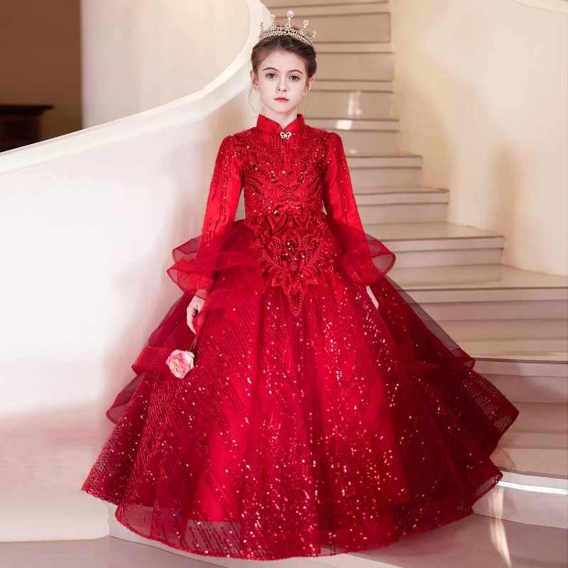 

2026 New Host Kids Girls Piano Performance Gown Clothes Children Red Princess Ball Gown Formal Celebration Evening Gown Costume