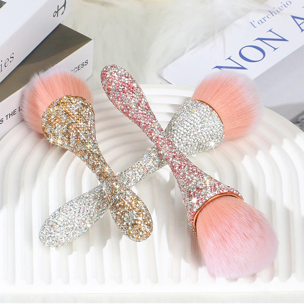 Nail Dust Brush with Shiny Rhinestones Silver/Gold/Pink Dust Brush for Nails Fluffy Nail Duster Cleaner Nails Powder Remover