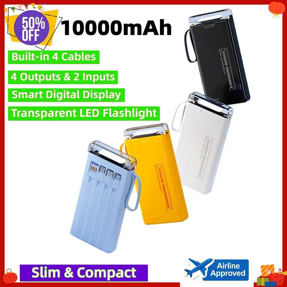 Transparent LED Light 20000mAh Large Capacity Power Bank 4 Built-in Cables Polymer Lithium-ion Battery For iPhone Samsung Huawei