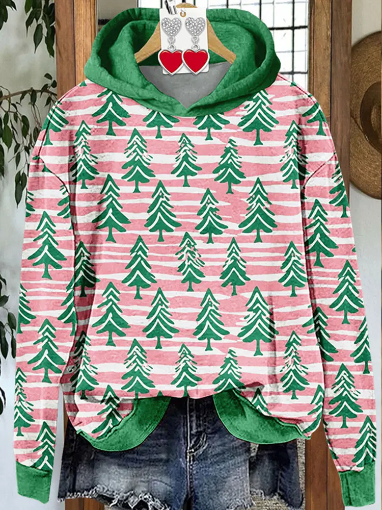 Contrast Christmas Tree Print Hoodie