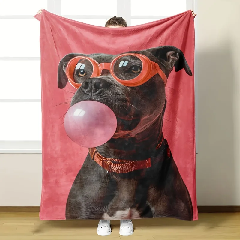 Bubble gum pattern of cute bulldog Flannel printed blanket suitable for all seasons suitable for living room office sofa travel
