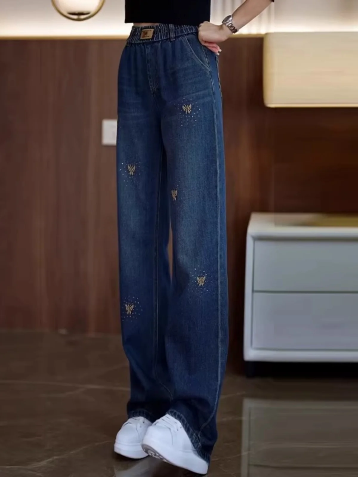 

Широкие джинсы с высокой талией, женские весенне-осенние свободные брюки прямого кроя, утягивающие драпированные джинсовые брюки, повседневные джинсы с высокой талией