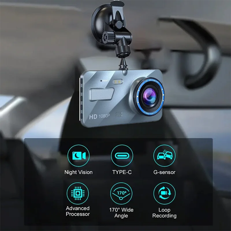 4 Inch HD Dash Cam Aluminum Alloy Body 1080P Dual Front Rear Camera IR Night Vision Loop Recording G-Sensor