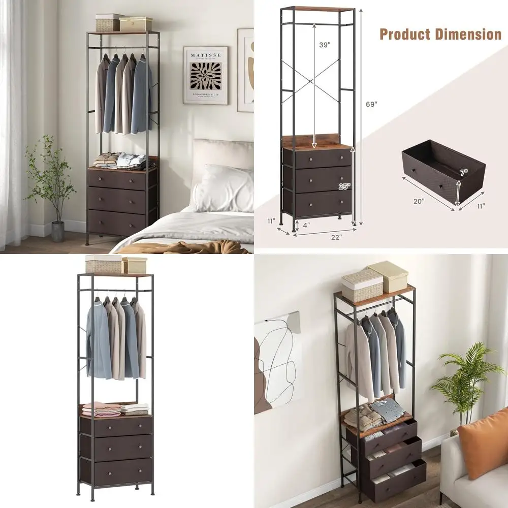 

3-Tier Fabric Cover Clothing Rack with Adjustable Hanging Bar and Storage Shelves for Home Organization