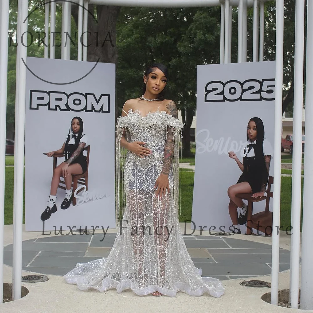 高級ビーズタッセルウエディングドレスプロムドレスチュールイリュージョンイブニングパーティードレスカスタマイズマーメイドセクシーなローブドカフェファム