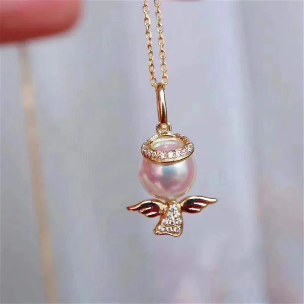 

DIY Pearl Accessories S925 Sterling Silver Pendant with Empty Angel Style Jade Necklace Pendant for Women Fit 8-9mm Round Beads