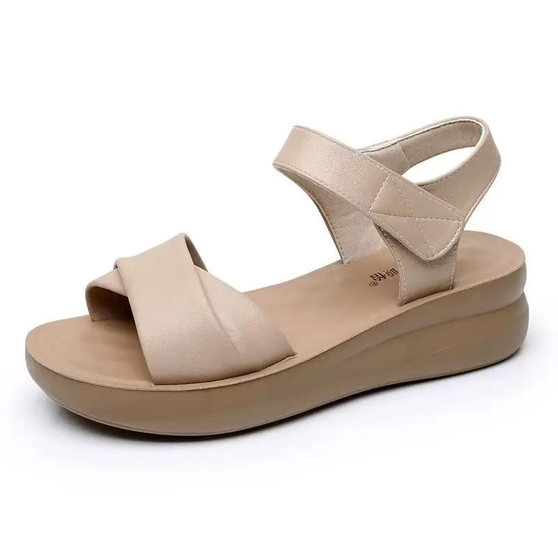 

Summer New Women Open Toe Leather Flat Sole Sandals Thick Sole Non Slip Lightweight Casual Sports Sandals Velcro Wrinkly Sandals