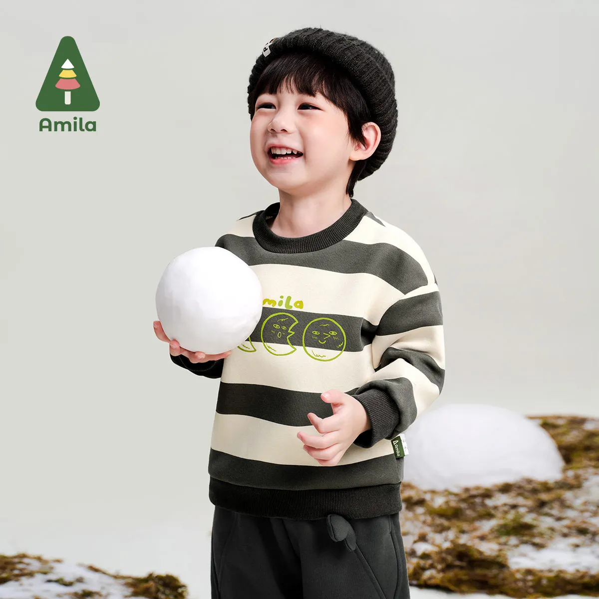 Amila Baby Sweatshirt 2024 Winter New High Quality Boys And Girls Striped Plus Velvet Warm Skin-Friendly Loose Children’s Tops