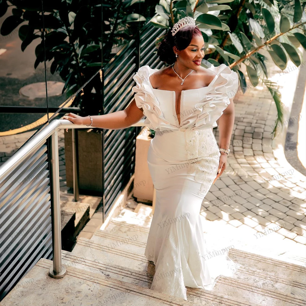

Nigeria Mermaid Wedding Dresses Applique V-Neck Sleeveless Button Back Ruffles Africa Ivory Wedding Reception Gowns Customized