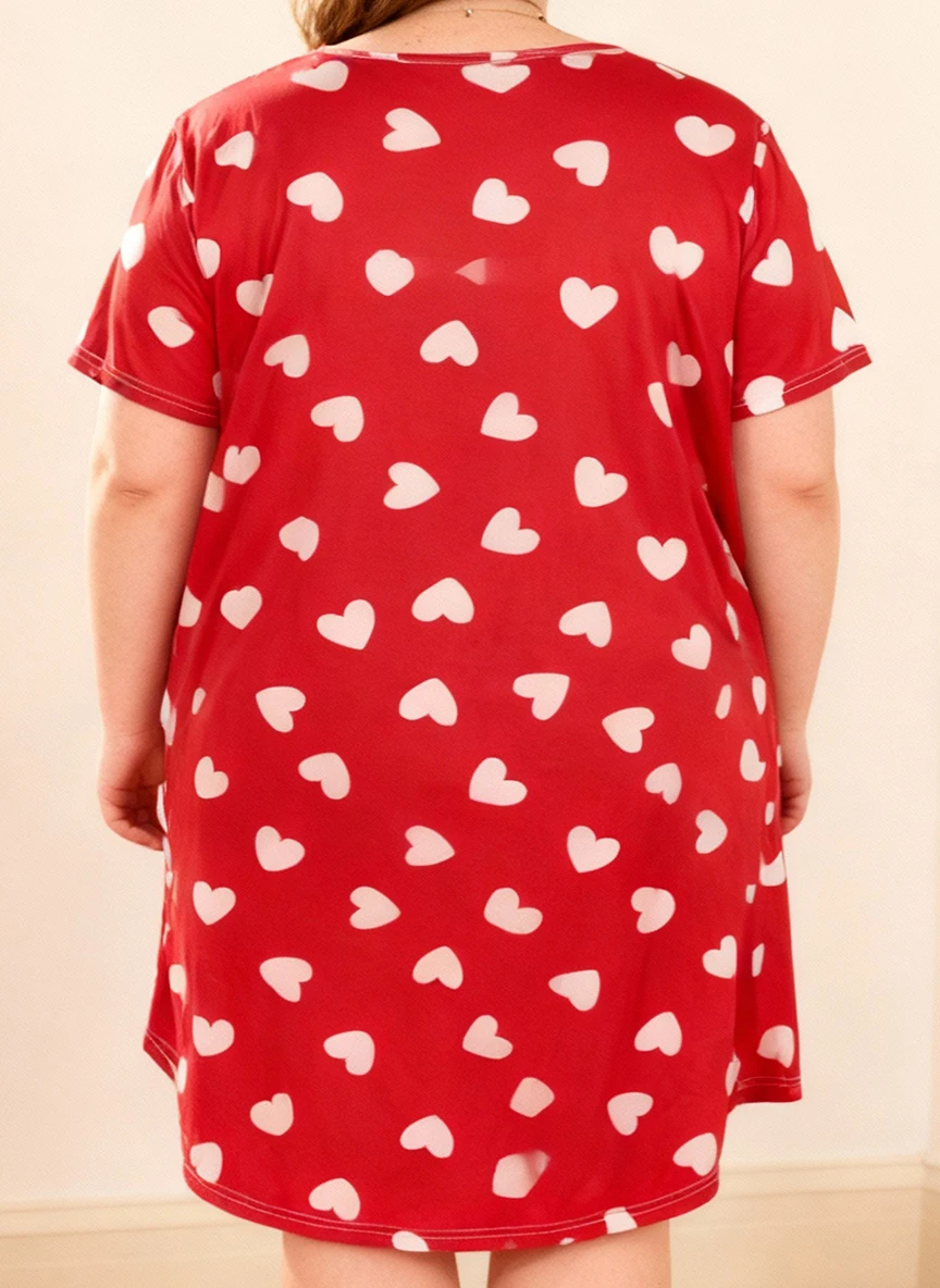Plus Size Women's Spring Summer Heart Print Short Sleeve Round Neck Nightgown Dress - view 2