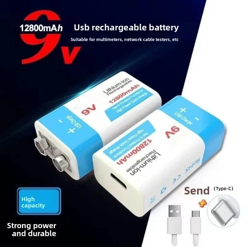 for 9V USB Rechargeable Battery 12800mAh Portable Lithium Power Pack For Multimeter Wireless Microphone Medical Instrument