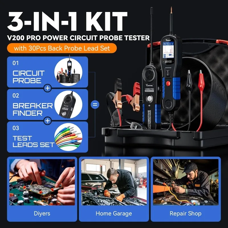 V200 PRO Upgrade Kit Automotive Power Circuit Probe Tester with 30PCS Back Probe Kit, 12/24V Electrical Short and Open