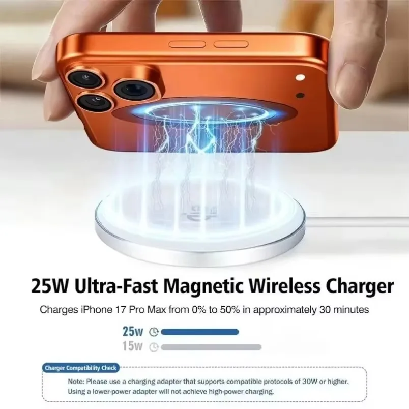 25W Fast Magnetic Wireless Charger Case Friendly Aluminum Alloy Pad Ultra Thin for iPhone 17 16 15 14 13 12 Samsung S25 Pixel 10