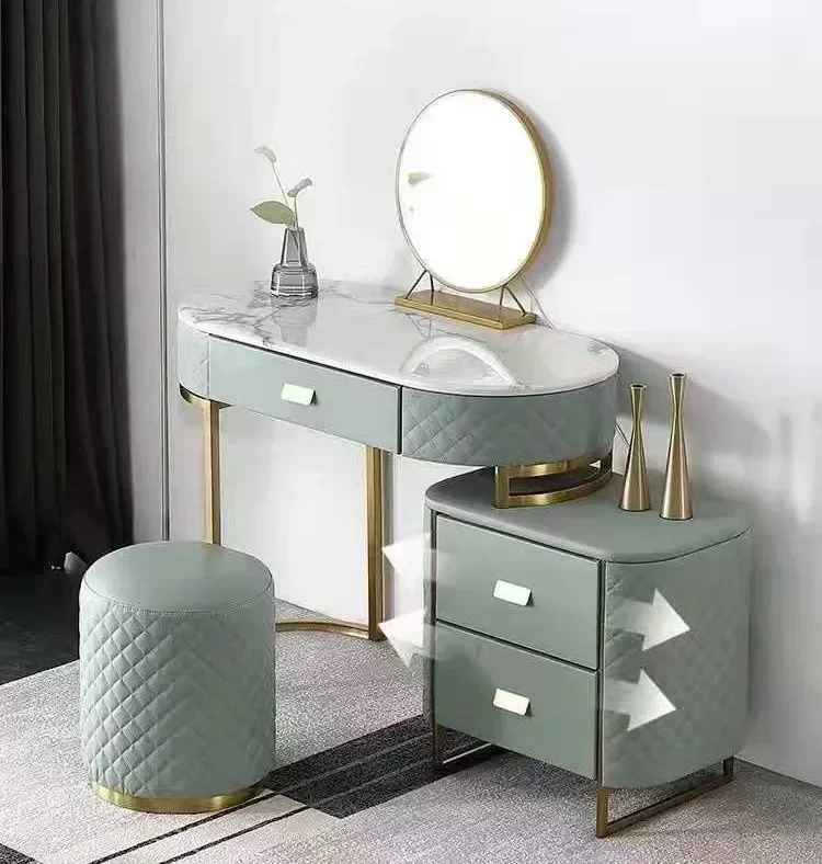 

# Современные комоды Роскошный дизайн туалетный столик для макияжа туалетный столик из кожи и нержавеющей стали с зеркалом и табуретом