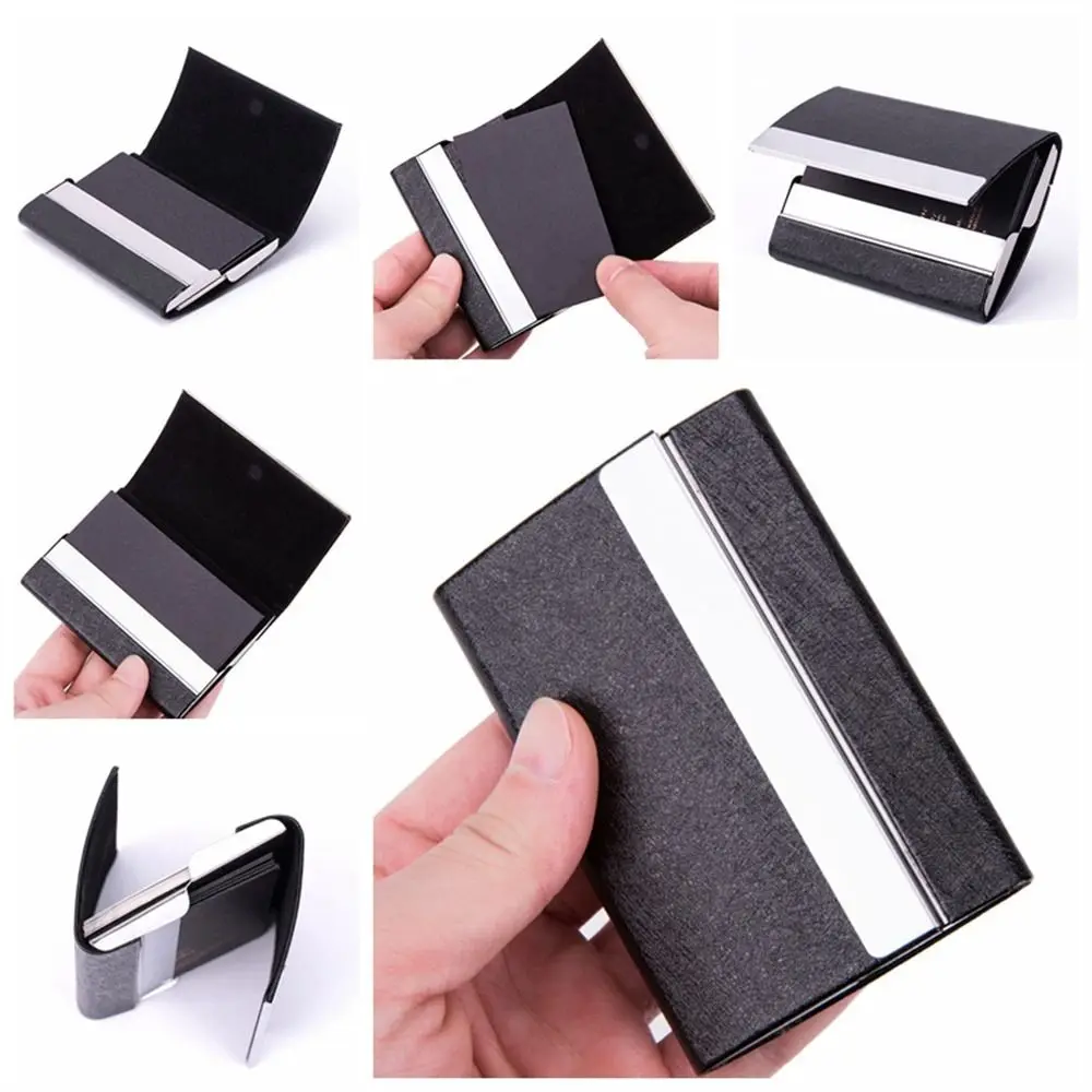 PU Leather Business Card Case Slim Pocket Stainless Steel Name Card Holder Card Organizer Multicolor Credit Card Box ID Card